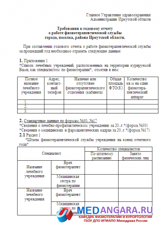 Форма годового отчета о работе физиотерапевтической службы города, поселка, района Иркутской области